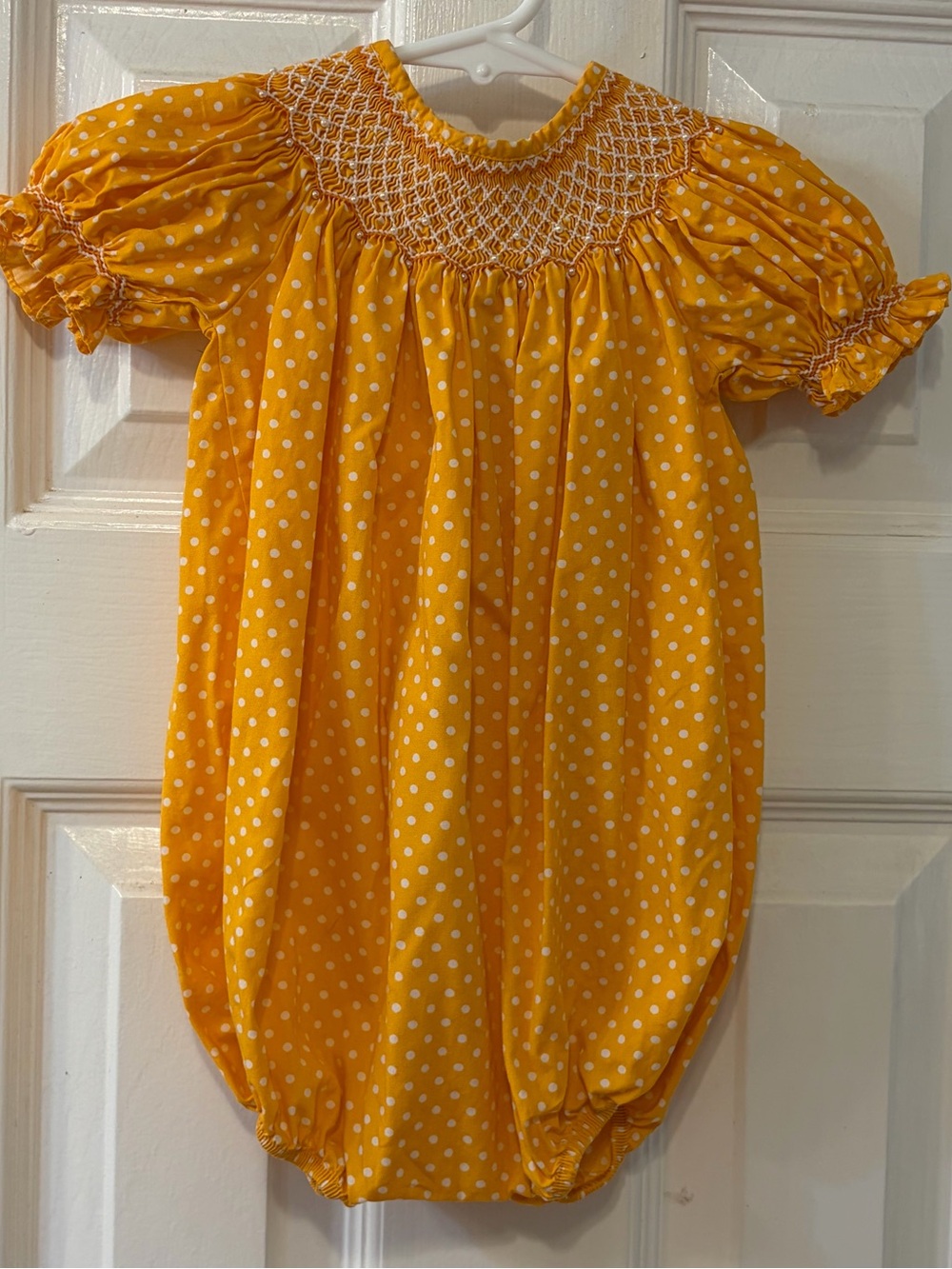 Mom & Me Girl's Beautiful Beaded and Smocked Orange w/White Polka Dot Bubble 6M